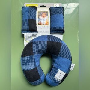 Blue and Black Travel Neck Pillow and Seat Belt Covers